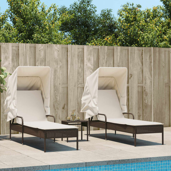 vidaXL Sun Loungers 2 pcs. with Roof and Table Brown Poly Rattan