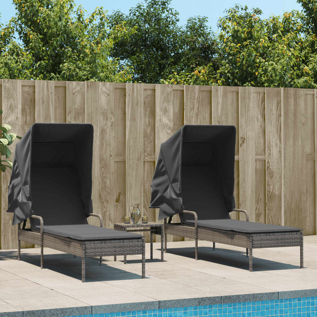 vidaXL Sun Loungers 2 pcs. with Roof and Table Grey Poly Rattan