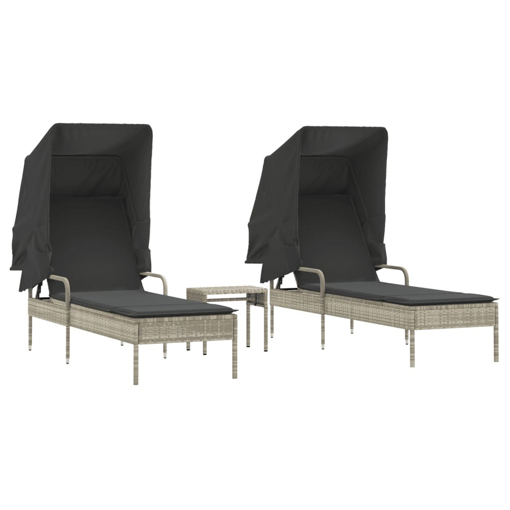 vidaXL Sun Loungers 2 pcs. with Roof and Table Light Grey Poly Rattan