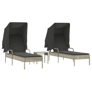 vidaXL Sun Loungers 2 pcs. with Roof and Table Light Grey Poly Rattan