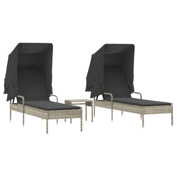 vidaXL Sun Loungers 2 pcs. with Roof and Table Light Grey Poly Rattan