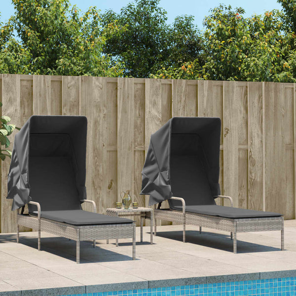 vidaXL Sun Loungers 2 pcs. with Roof and Table Light Grey Poly Rattan