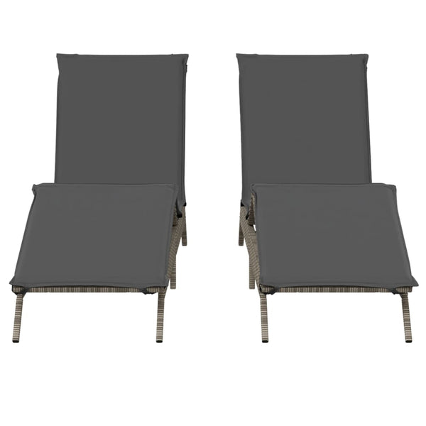 vidaXL Sun Loungers with Cushions 2 pcs Grey Poly Rattan