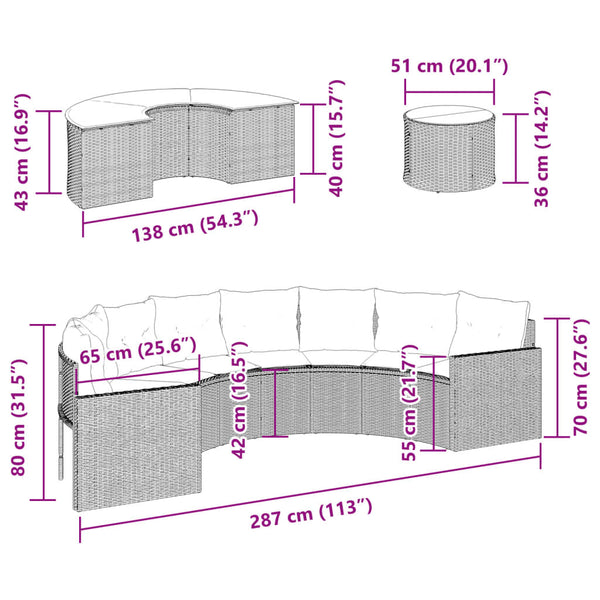 vidaXL 3-Piece Half-Round Garden Sofa Set Black Poly Rattan