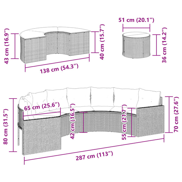 vidaXL 3-Piece Half-Round Garden Sofa Set Grey Poly Rattan