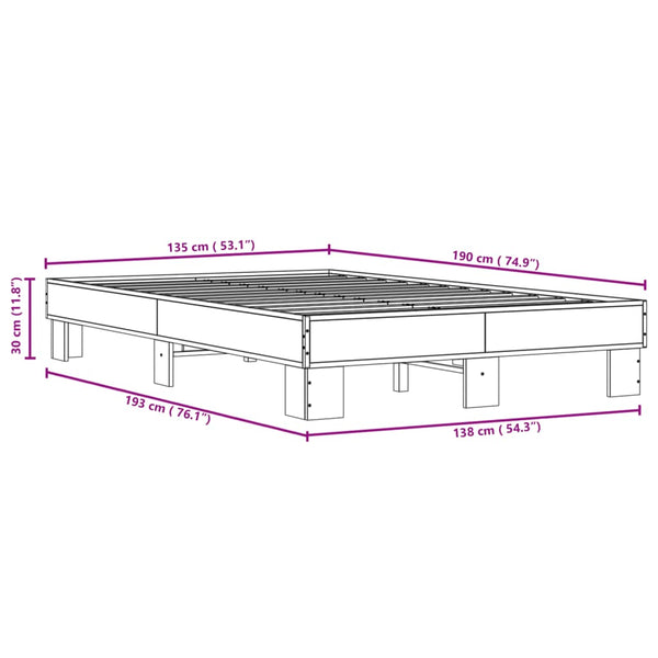 vidaXL Bed Frame Brown Oak Look 135x190 cm Engineered Wood Metal