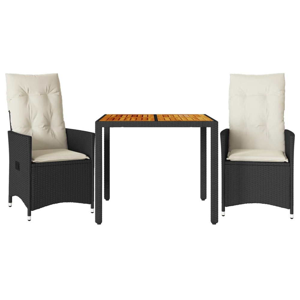 vidaXL 3-Piece Bistro Set with Cushions Black Poly Rattan and Acacia