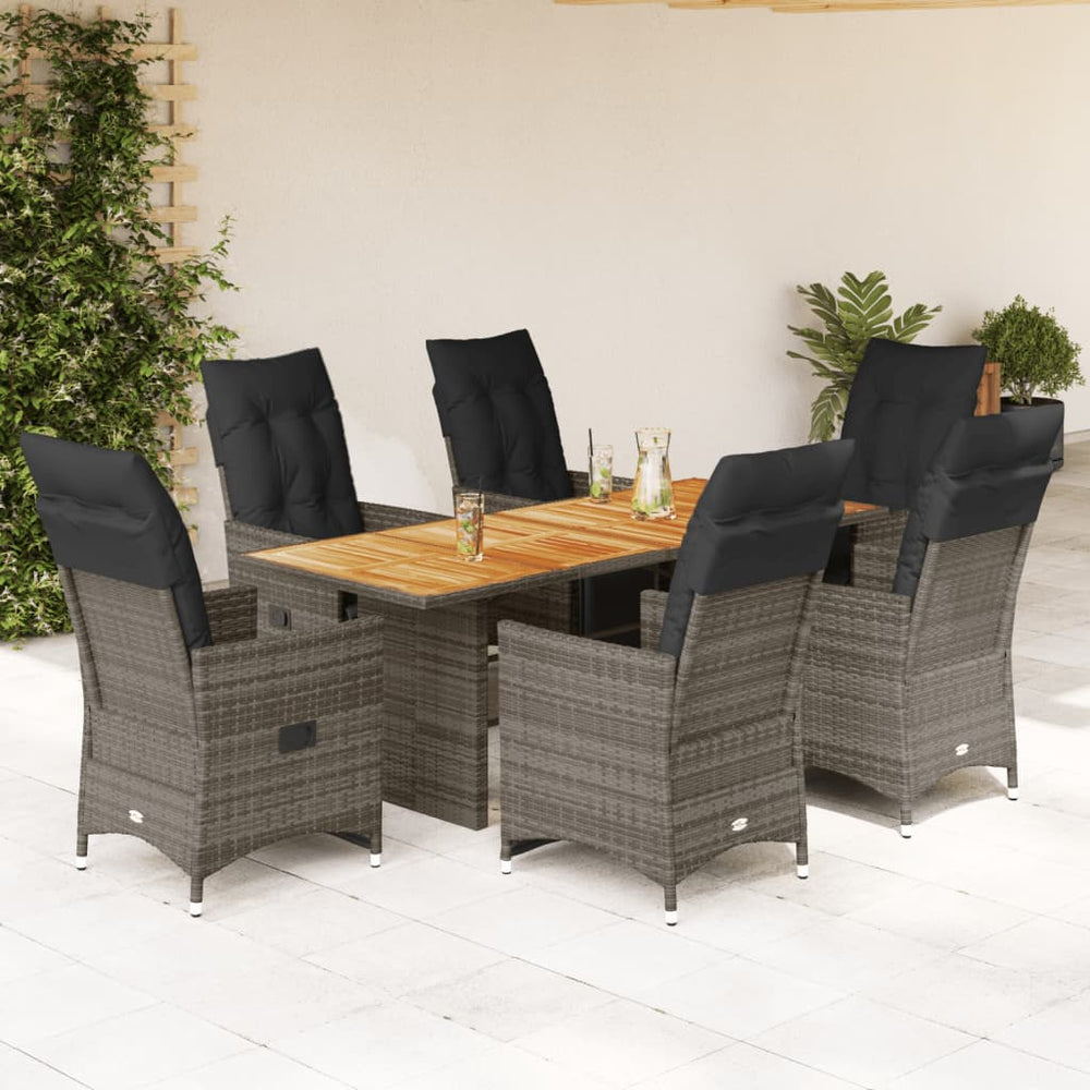 vidaXL 7-Piece Garden Bistro Set with Cushions Grey Poly Rattan