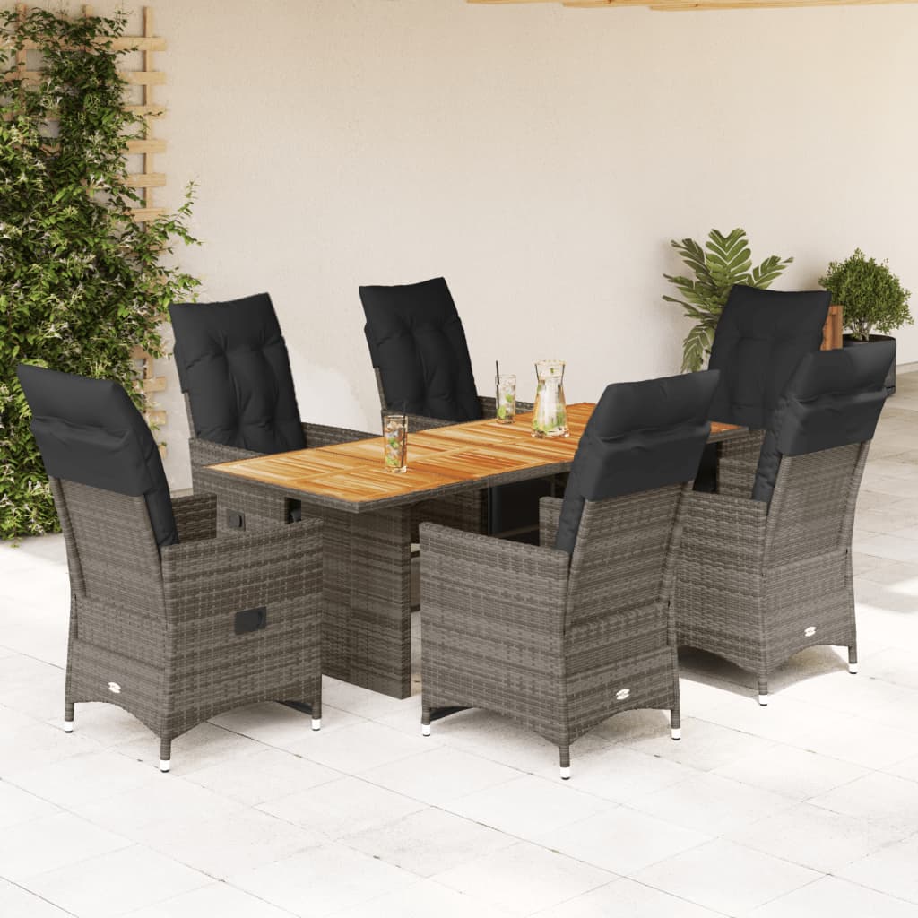 vidaXL 7-Piece Garden Bistro Set with Cushions Grey Poly Rattan