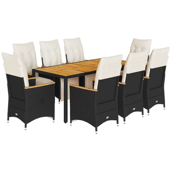 vidaXL 9-piece Garden Bistro Set with Cushions Black Poly Rattan