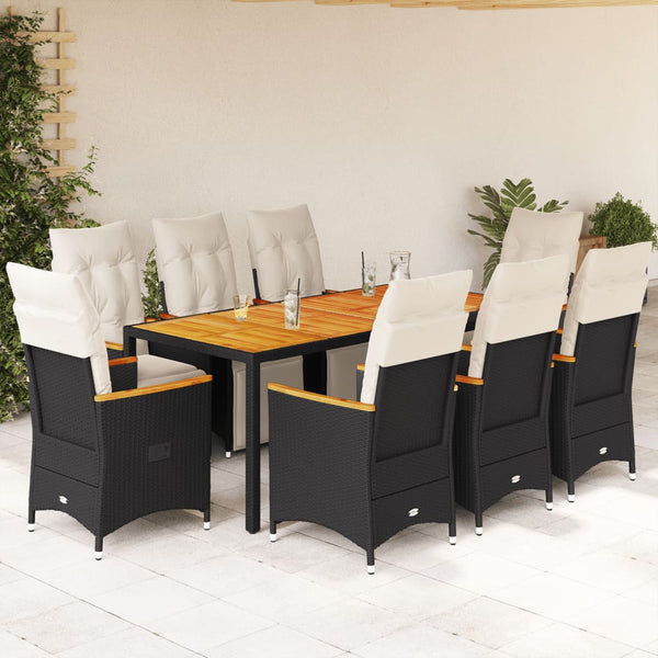 vidaXL 9-piece Garden Bistro Set with Cushions Black Poly Rattan