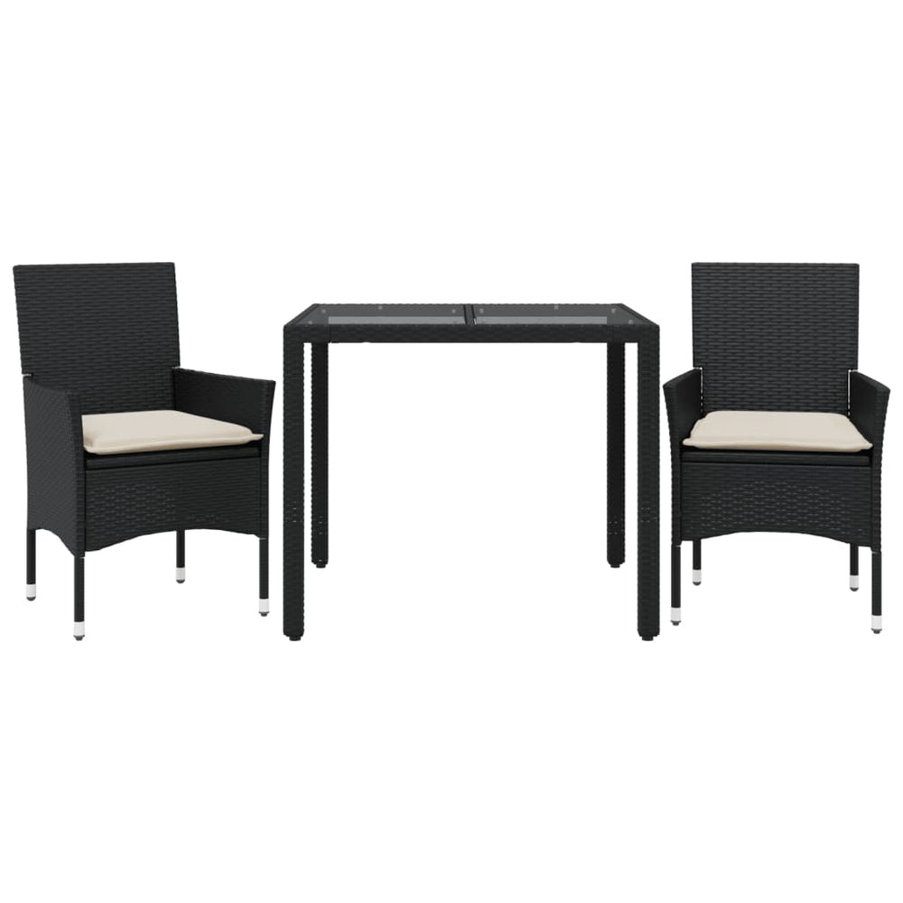 vidaXL 3-Piece Garden Dining Set with Cushions Black Poly Rattan Glass
