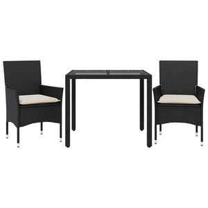 vidaXL 3-Piece Garden Dining Set with Cushions Black Poly Rattan Glass