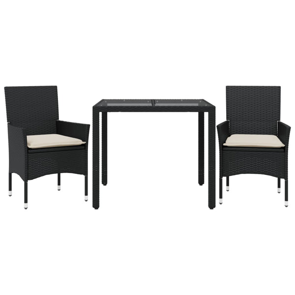 vidaXL 3-Piece Garden Dining Set with Cushions Black Poly Rattan Glass