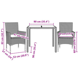 vidaXL 3-Piece Garden Dining Set with Cushions Black Poly Rattan Glass