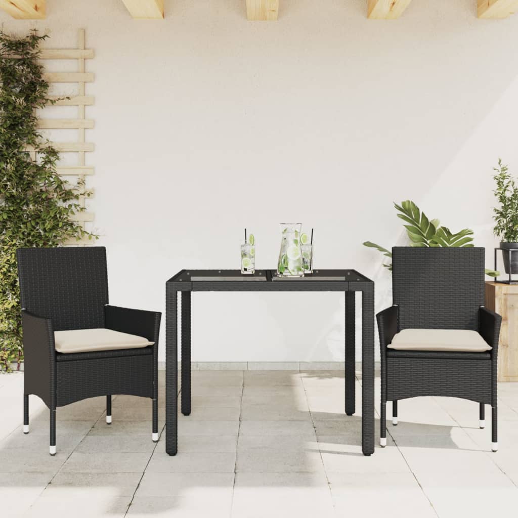 vidaXL 3-Piece Garden Dining Set with Cushions Black Poly Rattan Glass