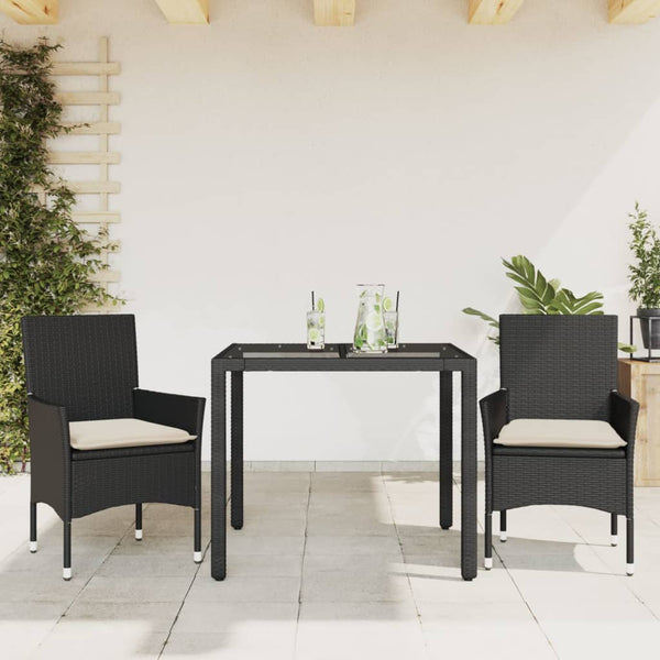 vidaXL 3-Piece Garden Dining Set with Cushions Black Poly Rattan Glass