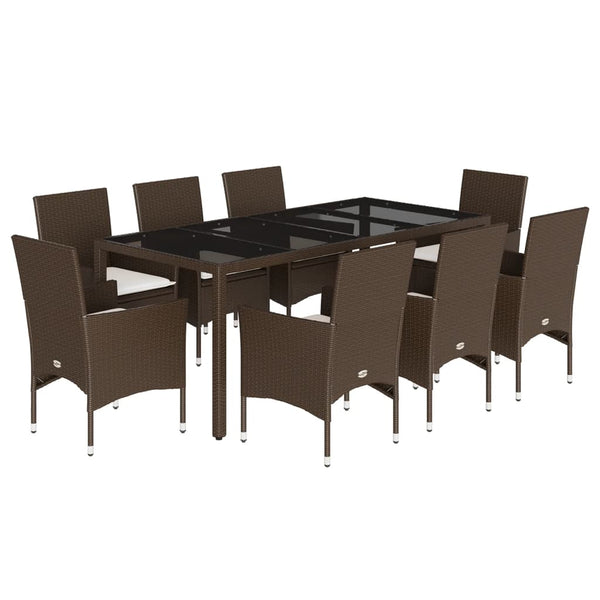 vidaXL 9-piece Garden Dining Set with Cushions Brown Poly Rattan Glass