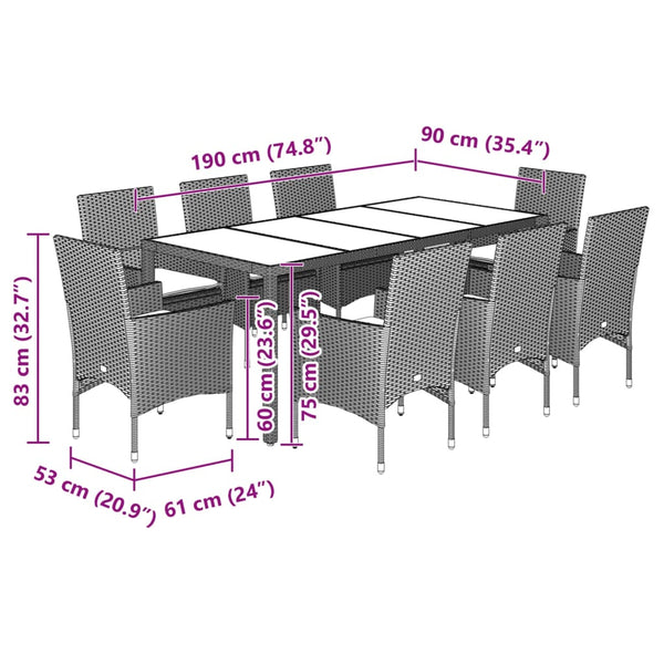 vidaXL 9-piece Garden Dining Set with Cushions Brown Poly Rattan Glass