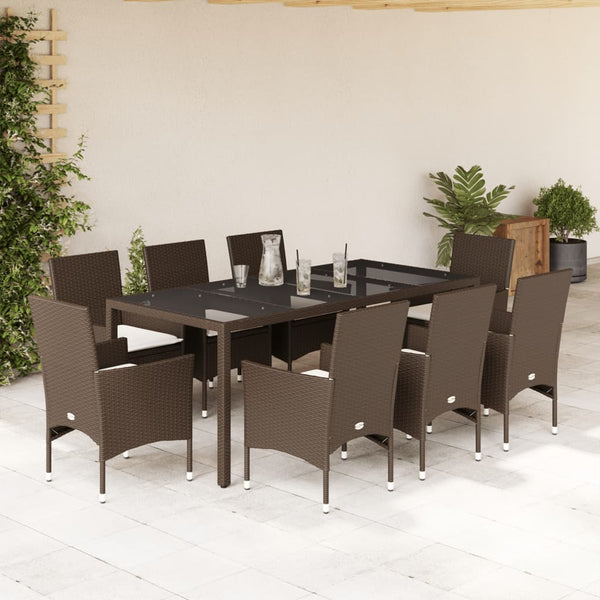 vidaXL 9-piece Garden Dining Set with Cushions Brown Poly Rattan Glass