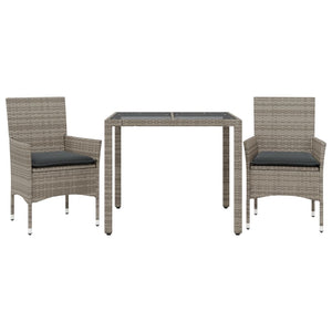 vidaXL 3-Piece Garden Dining Set with Cushions Grey Poly Rattan and Glass