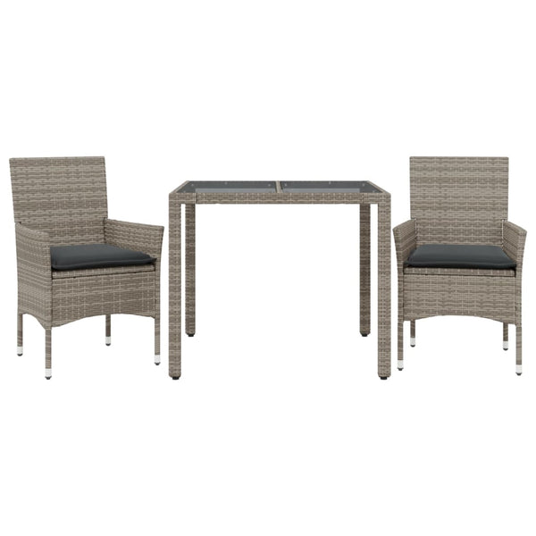 vidaXL 3-Piece Garden Dining Set with Cushions Grey Poly Rattan and Glass