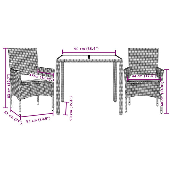 vidaXL 3-Piece Garden Dining Set with Cushions Grey Poly Rattan and Glass