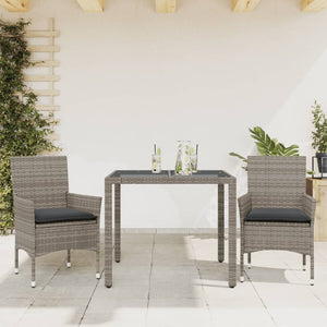 vidaXL 3-Piece Garden Dining Set with Cushions Grey Poly Rattan and Glass