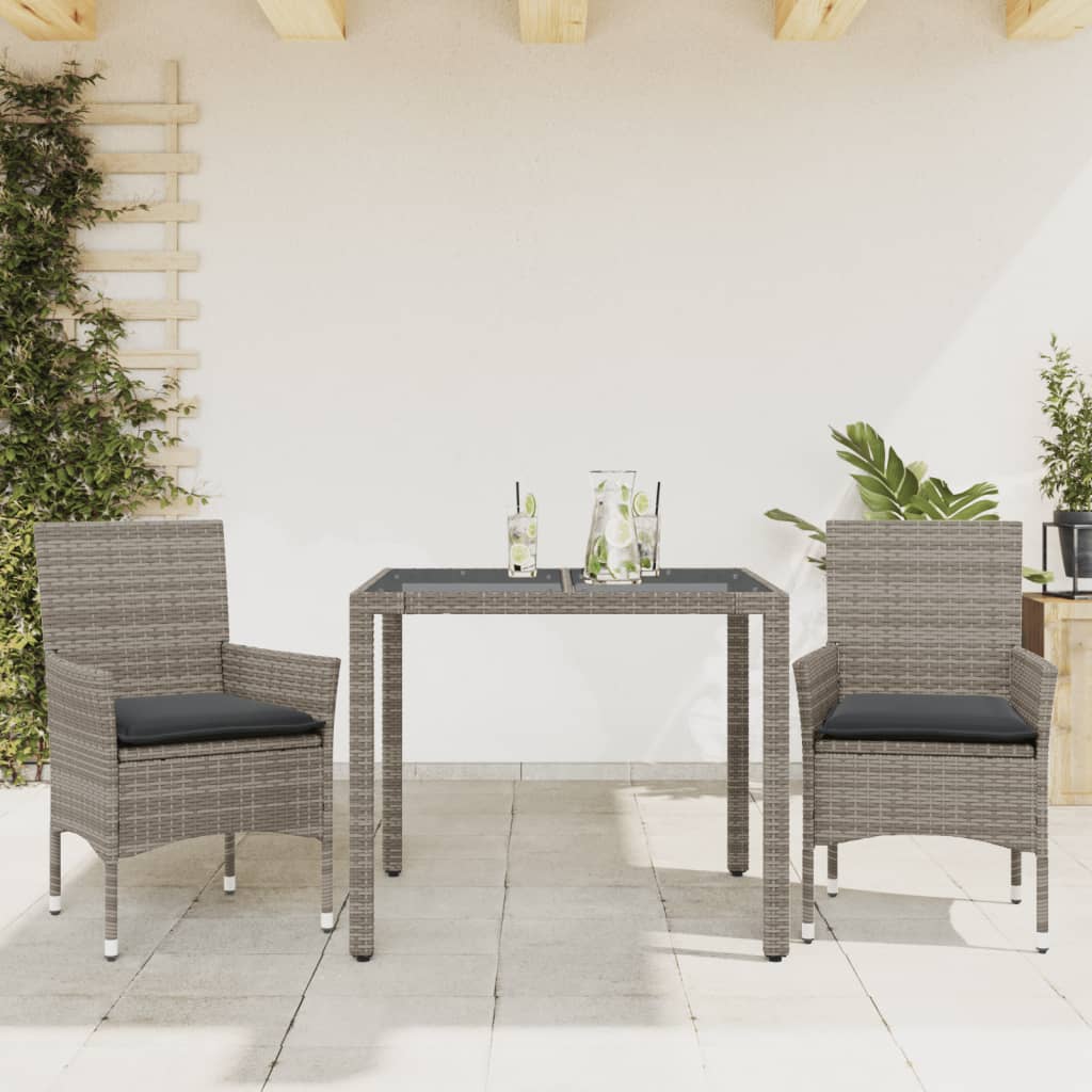 vidaXL 3-Piece Garden Dining Set with Cushions Grey Poly Rattan and Glass