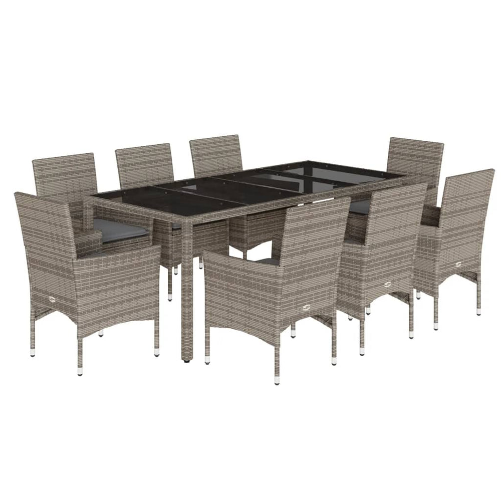 vidaXL 9-piece Garden Dining Set with Cushions Grey Poly Rattan and Glass