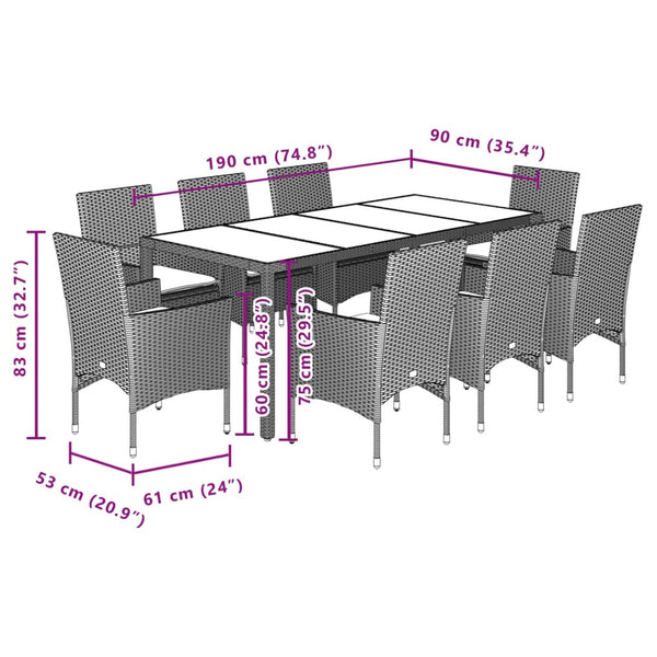 vidaXL 9-piece Garden Dining Set with Cushions Grey Poly Rattan and Glass