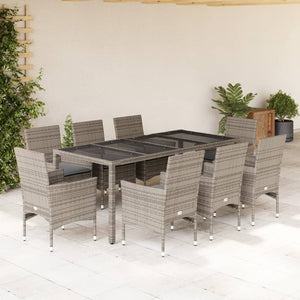 vidaXL 9-piece Garden Dining Set with Cushions Grey Poly Rattan and Glass