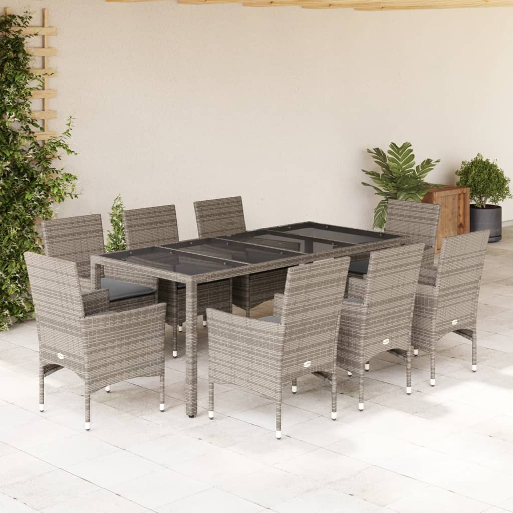 vidaXL 9-piece Garden Dining Set with Cushions Grey Poly Rattan and Glass