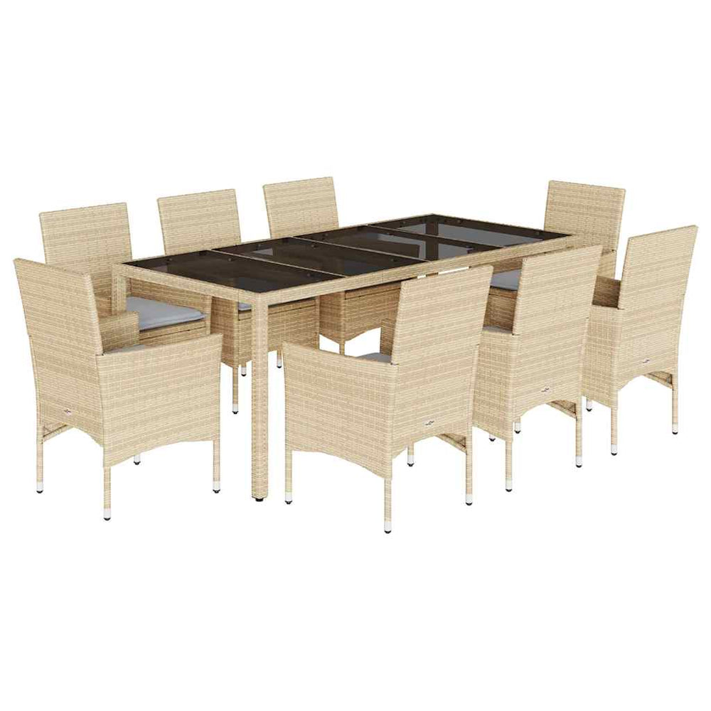 vidaXL 9-piece Garden Dining Set with Cushions Beige Poly Rattan Glass