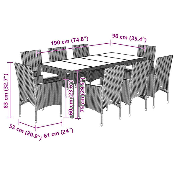 vidaXL 9-piece Garden Dining Set with Cushions Beige Poly Rattan Glass