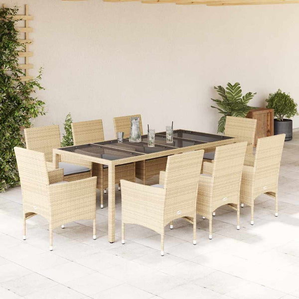 vidaXL 9-piece Garden Dining Set with Cushions Beige Poly Rattan Glass