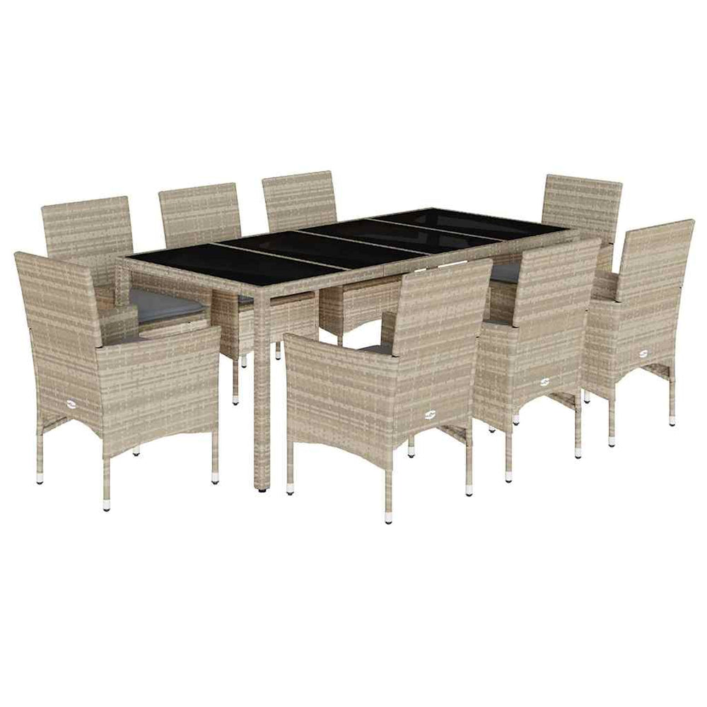 vidaXL 9-piece Garden Dining Set with Cushions Light Grey Poly Rattan & Glass