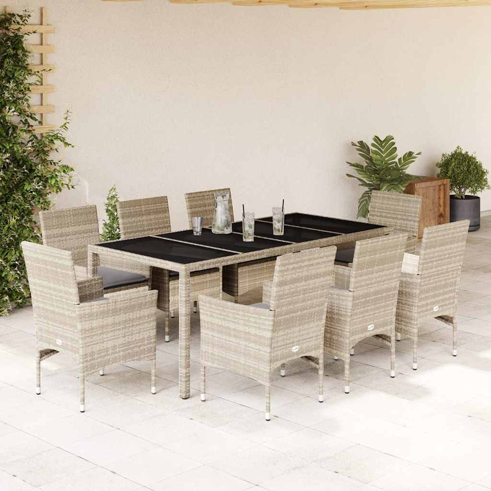 vidaXL 9-piece Garden Dining Set with Cushions Light Grey Poly Rattan & Glass