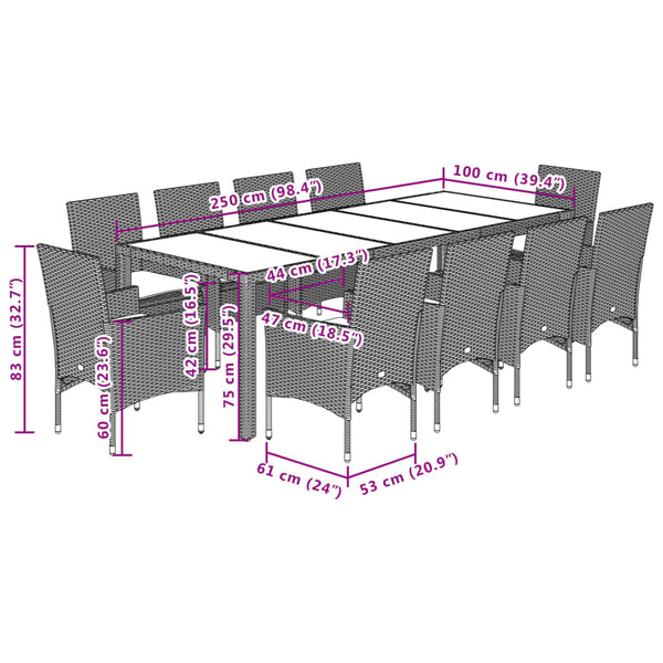 vidaXL 11-piece Outdoor Dining Set with Cushions Grey Poly Rattan Glass