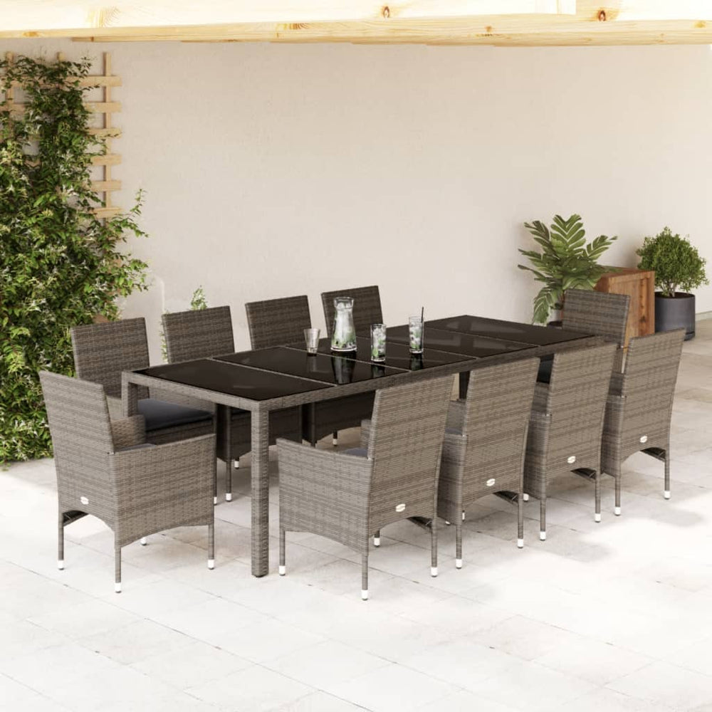 vidaXL 11-piece Outdoor Dining Set with Cushions Grey Poly Rattan Glass