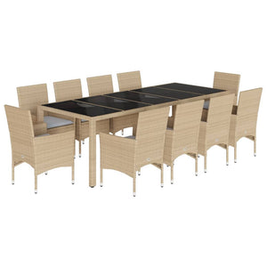vidaXL 11-piece Garden Dining Set with Cushions Beige Poly Rattan and Glass