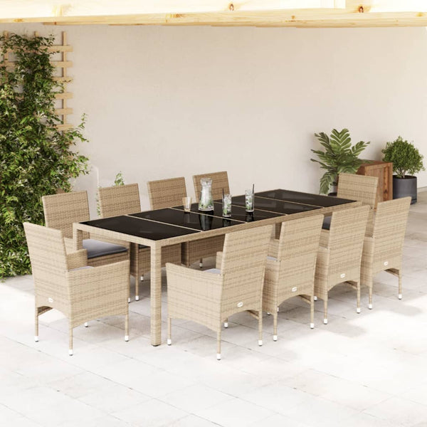 vidaXL 11-piece Garden Dining Set with Cushions Beige Poly Rattan and Glass