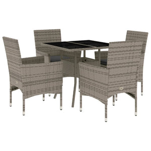vidaXL 5-Piece Garden Dining Set with Cushions Grey Poly Rattan and Glass