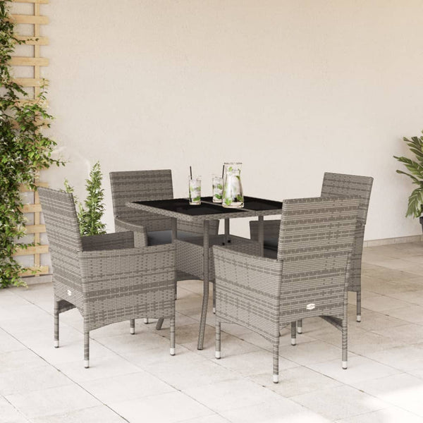 vidaXL 5-Piece Garden Dining Set with Cushions Grey Poly Rattan and Glass