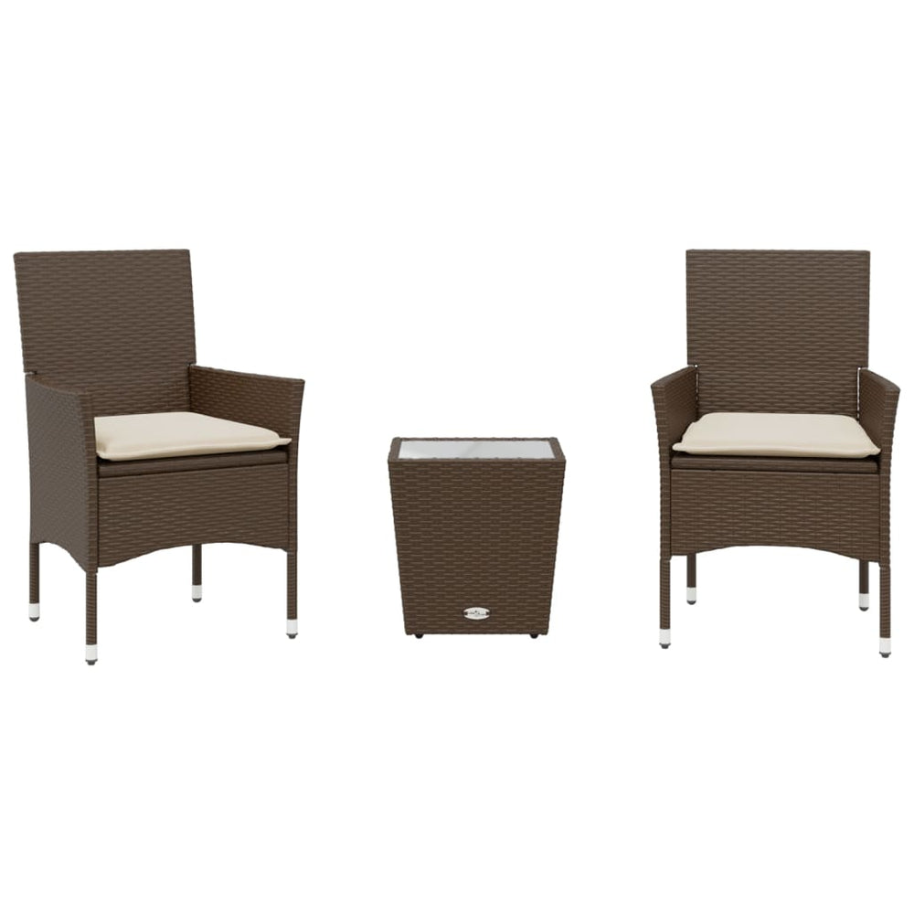 vidaXL 3-Piece Bistro Set with Cushions Brown Poly Rattan and Glass