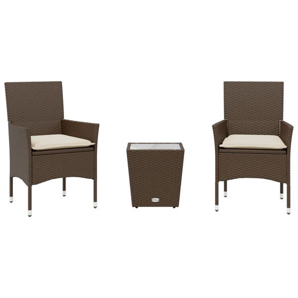 vidaXL 3-Piece Bistro Set with Cushions Brown Poly Rattan and Glass
