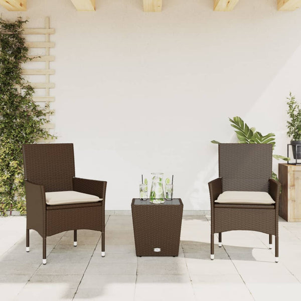 vidaXL 3-Piece Bistro Set with Cushions Brown Poly Rattan and Glass