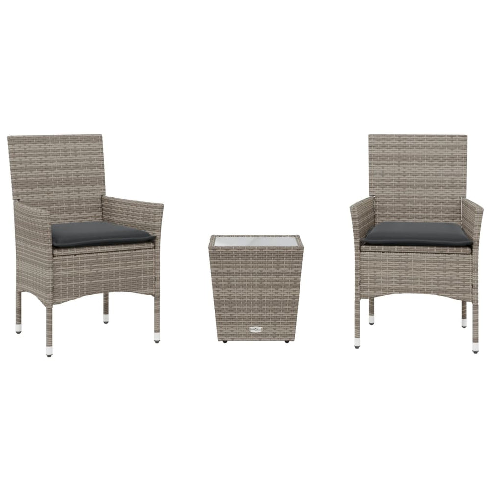 vidaXL 3-Piece Bistro Set with Cushions Grey Poly Rattan and Glass