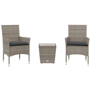 vidaXL 3-Piece Bistro Set with Cushions Grey Poly Rattan and Glass