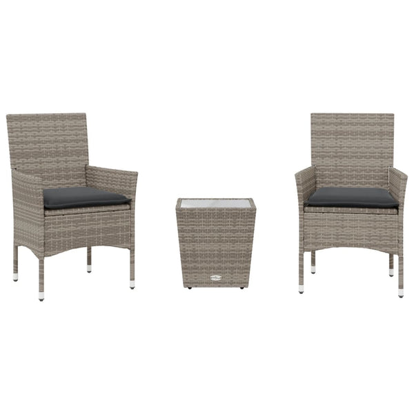 vidaXL 3-Piece Bistro Set with Cushions Grey Poly Rattan and Glass